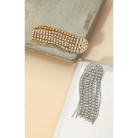 Arch Rhinestone Chain Fringe Earrings Gold Tone - Picture 3 of 3